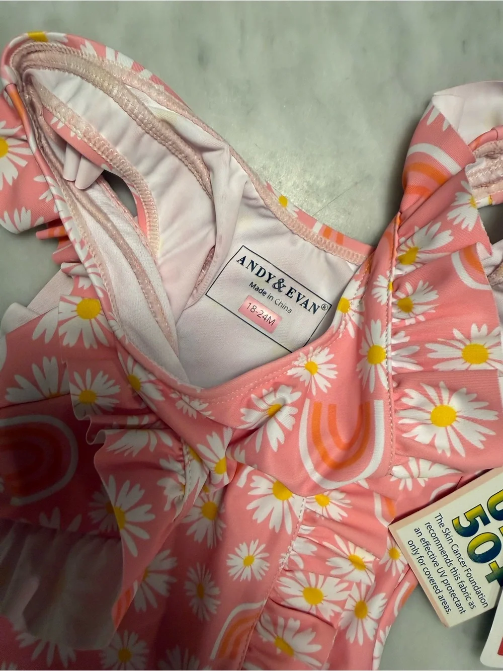 NWT Andy & Evan Girls Pink Daisy Rainbow Ruffle One-Piece Swimsuit 18-24mo